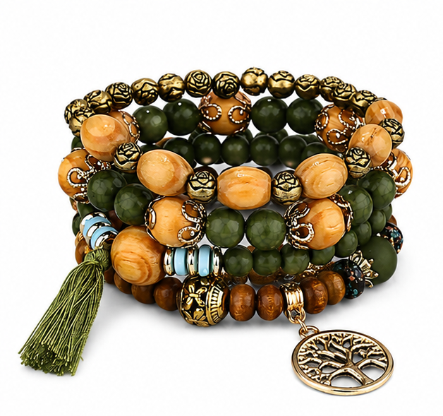 Ensemble de Bracelets Vert Olive & Doré – Cœur d’Amour